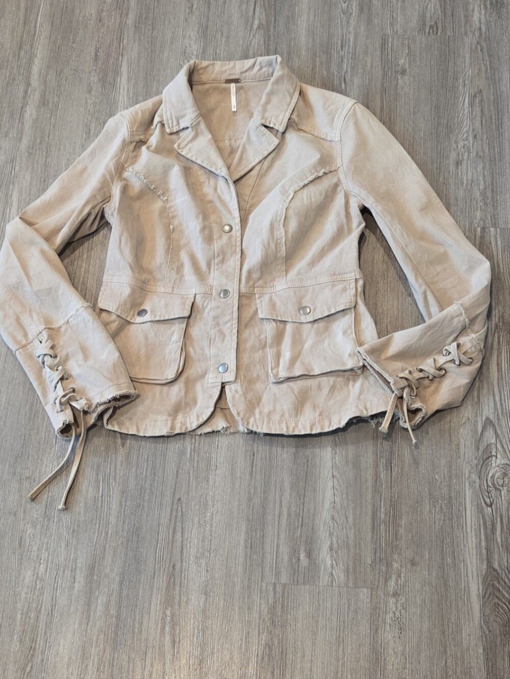 Free People Military Twill Ruffle Jacket XS Khaki Tie Sleeve Utility Boho